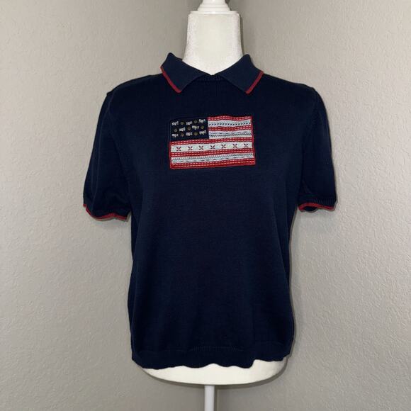 Alfred Dunner Sweater Women's Small Navy Blue USA Flag Embroidered Short Sleeve - Picture 1 of 8